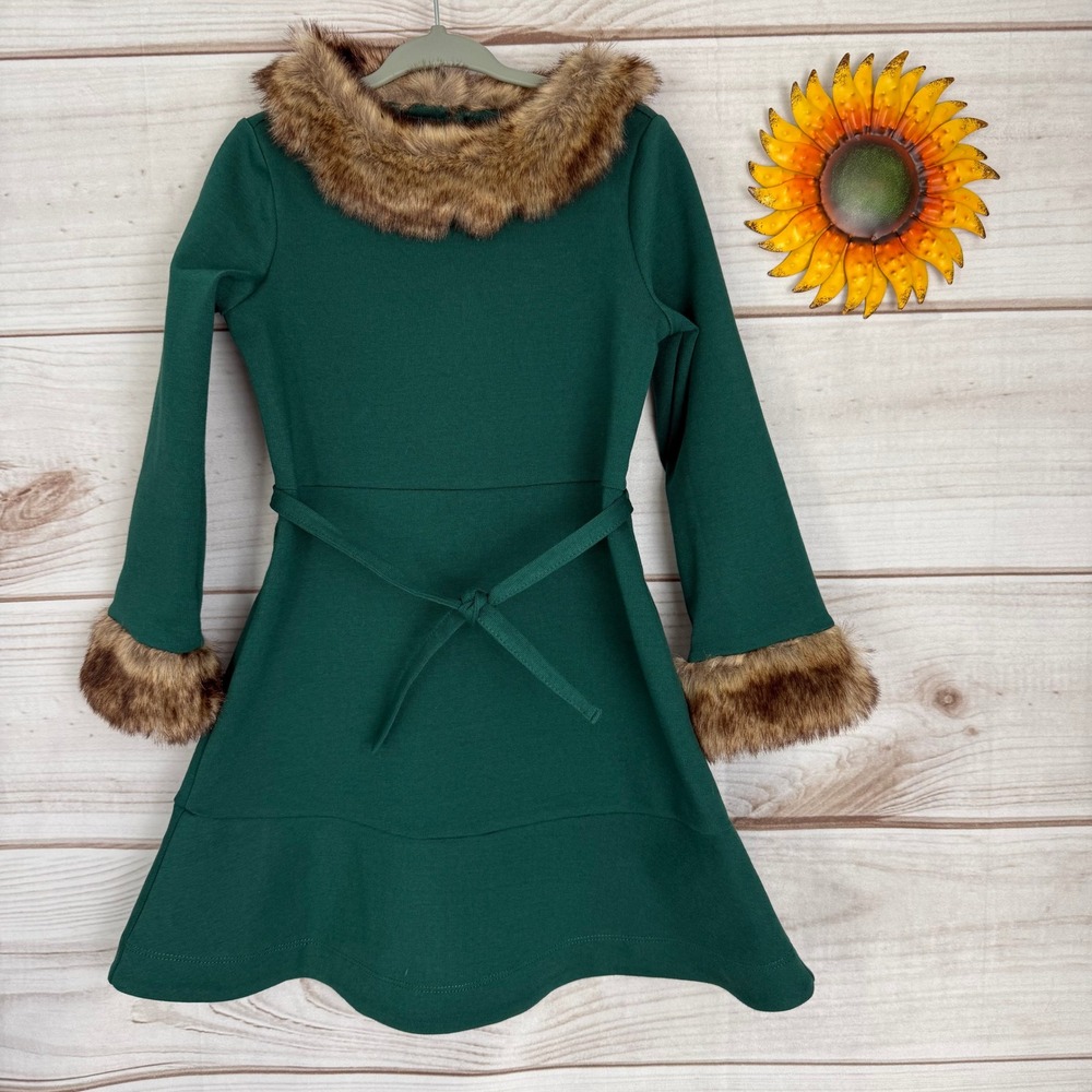 Hope & Henry Girls Green Long Sleeve‎ Faux Fur Trim Dress Size 4
